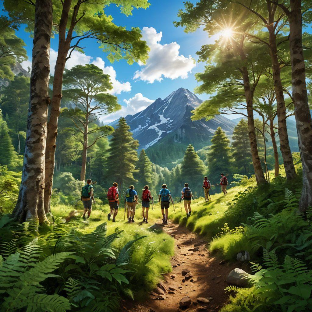 A breathtaking landscape showcasing a diverse group of enthusiastic young people hiking through a lush green forest, with a scenic mountain backdrop. They are engaging in team-building activities, laughing and enjoying nature, surrounded by wildlife. Sunlight filters through the trees, casting dappled patterns on the ground. Include a bright blue sky with fluffy white clouds. super-realistic. vibrant colors. 3D.