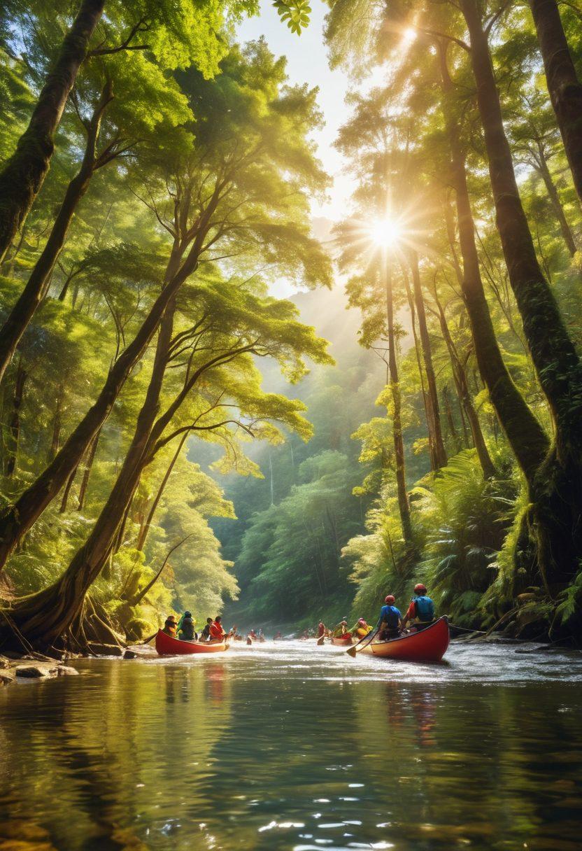 A vibrant scene of a diverse group of enthusiastic young people trekking through a lush forest, surrounded by towering trees and a sparkling river, showcasing teamwork and camaraderie. Sunlight filters through the canopy, creating a magical atmosphere as they engage in outdoor activities like climbing and canoeing. In the background, a colorful community banner symbolizes unity and spirit. super-realistic. vibrant colors. nature-focused.