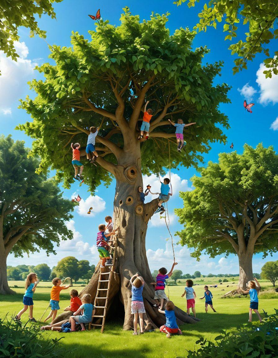 A vibrant landscape depicting children engaging in outdoor activities such as climbing trees, playing in a lush green field, and building a fort from natural materials. The scene should resonate with teamwork, creativity, and joy, featuring a bright blue sky and rays of sunshine breaking through the trees. Include elements of wildlife like birds and butterflies to emphasize the connection with nature. super-realistic. vibrant colors. cheerful atmosphere.